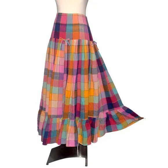 Norma Kamali Vintage 80s Rainbow Plaid Madras Ruffle Skirt Cottagecore Boho S M - Picture 4 of 9